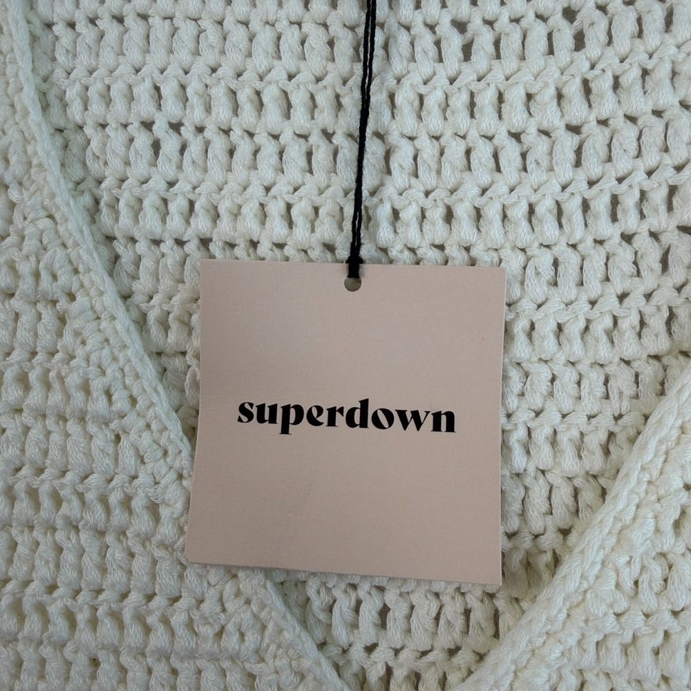Superdown Open Knit Crochet Mini Dress Sz L Ivory Boho Beach Cover Up Festival - Picture 7 of 10